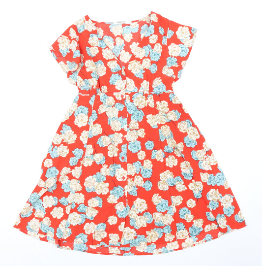 Sweewë Womens Orange Floral Polyester A-Line Size S V-Neck Button
