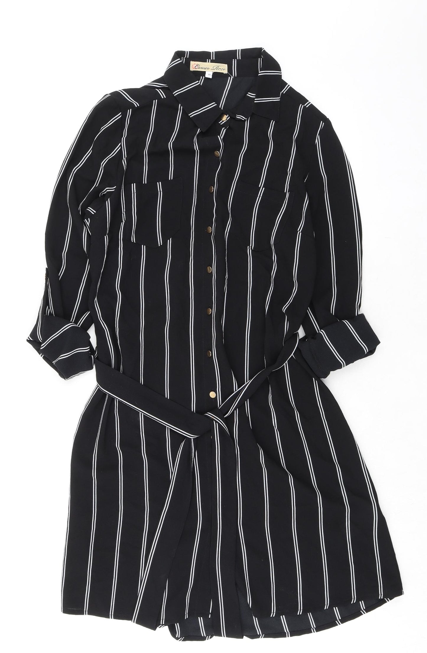 Cameo Rose Womens Black Striped Polyester Shirt Dress Size 10 Collared Button - Belted