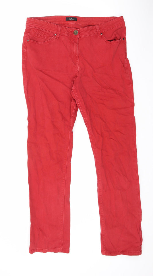 M&Co Womens Red Cotton Straight Jeans Size 14 L31 in Regular Zip