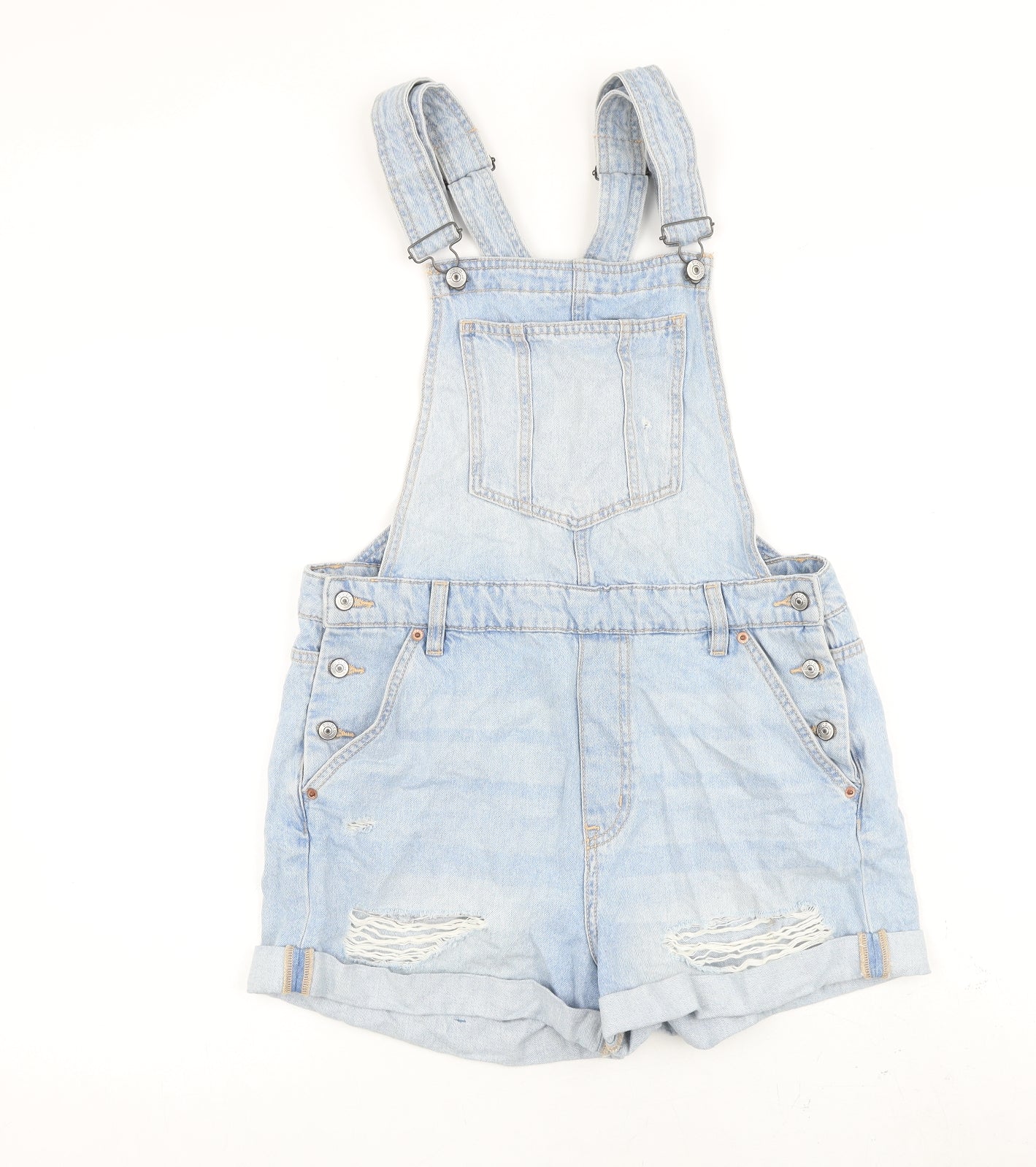 H&M Womens Blue 100% Cotton Dungaree One-Piece Size 12 Buckle - Distressed