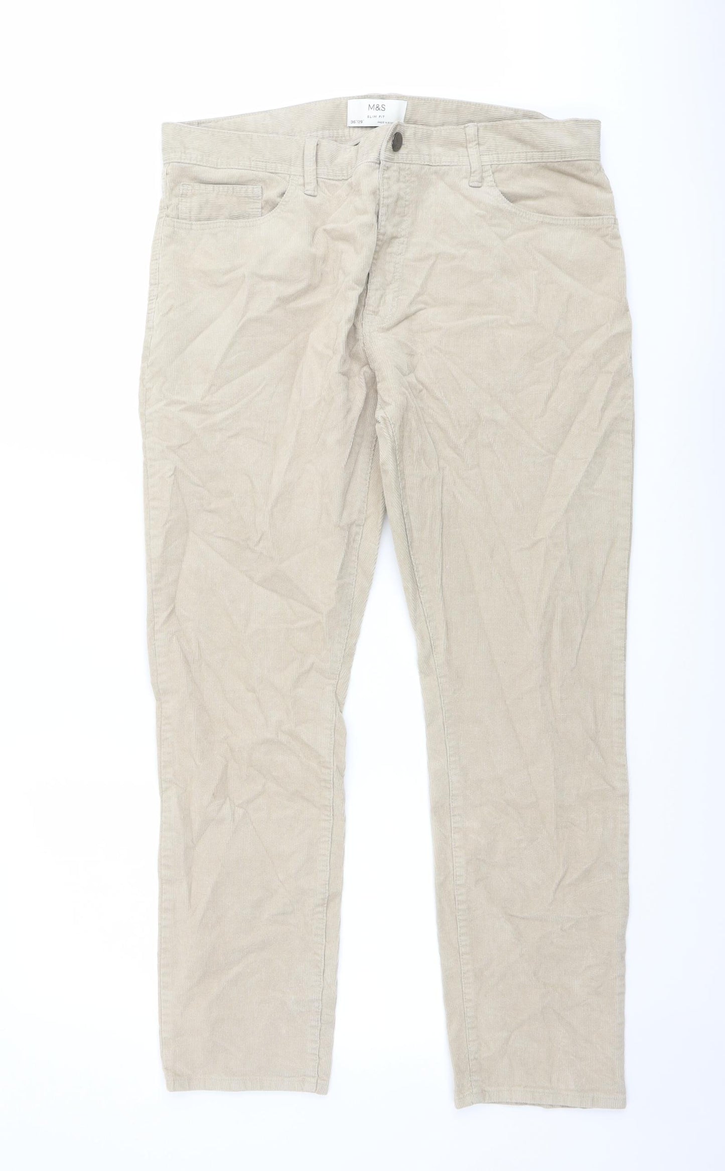 Marks and Spencer Mens Beige Cotton Trousers Size 36 in L29 in Regular Button