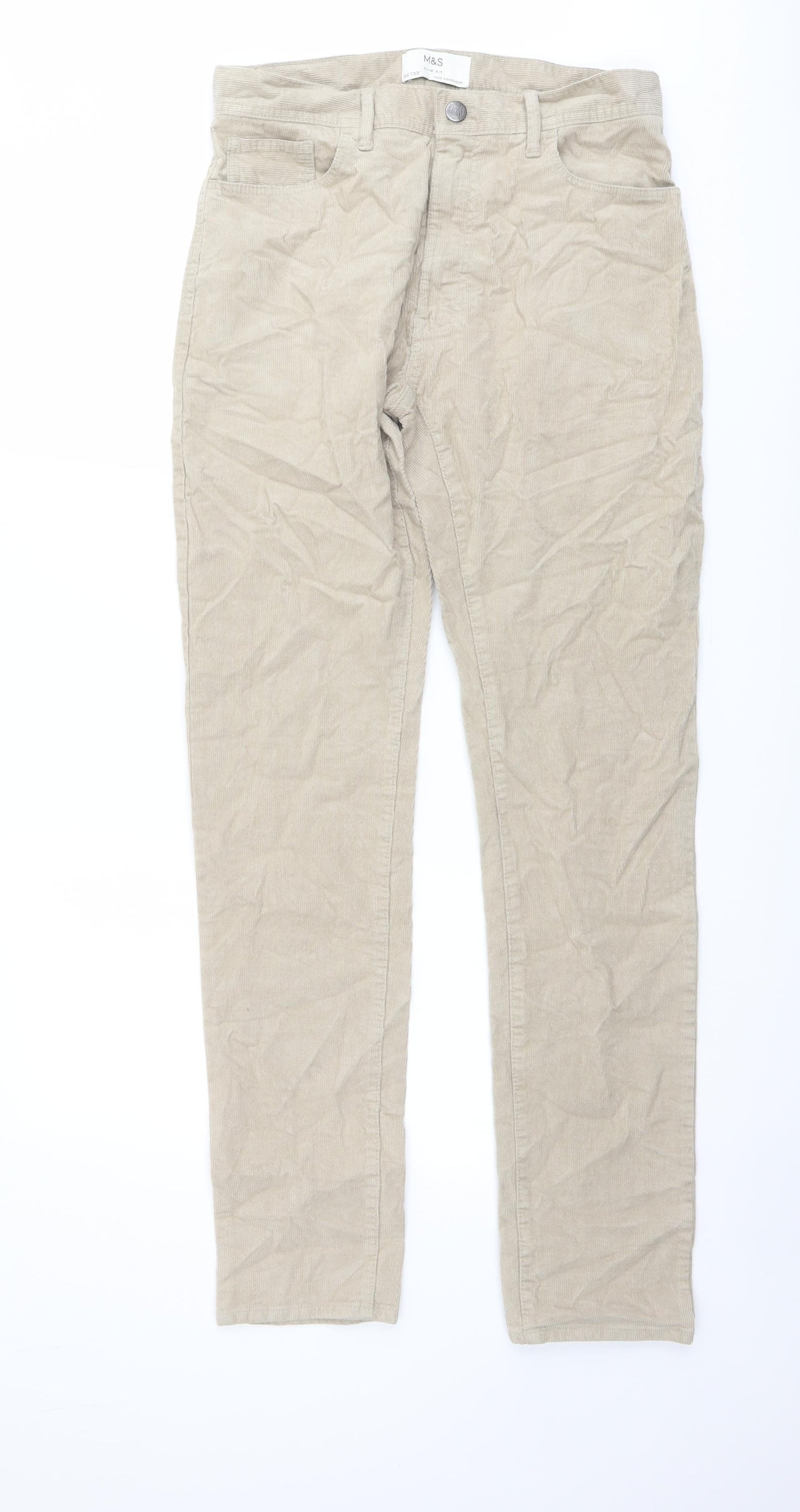 Marks and Spencer Mens Beige Cotton Trousers Size 30 in L33 in Slim Button