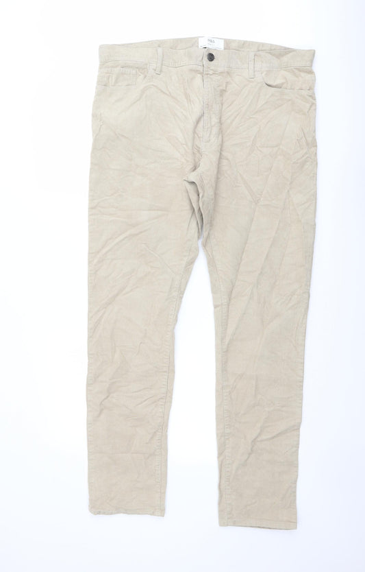 Marks and Spencer Mens Beige Cotton Trousers Size 38 in L33 in Slim Button