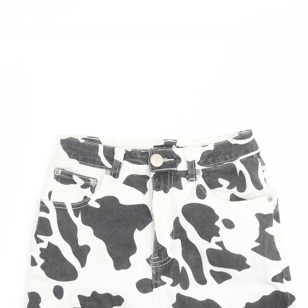Boohoo Womens White Animal Print Cotton A-Line Skirt Size 6 Button - Cow pattern