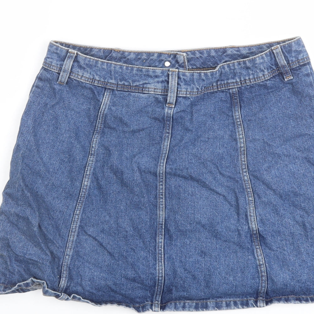 H&M Womens Blue Cotton A-Line Skirt Size 14 Button
