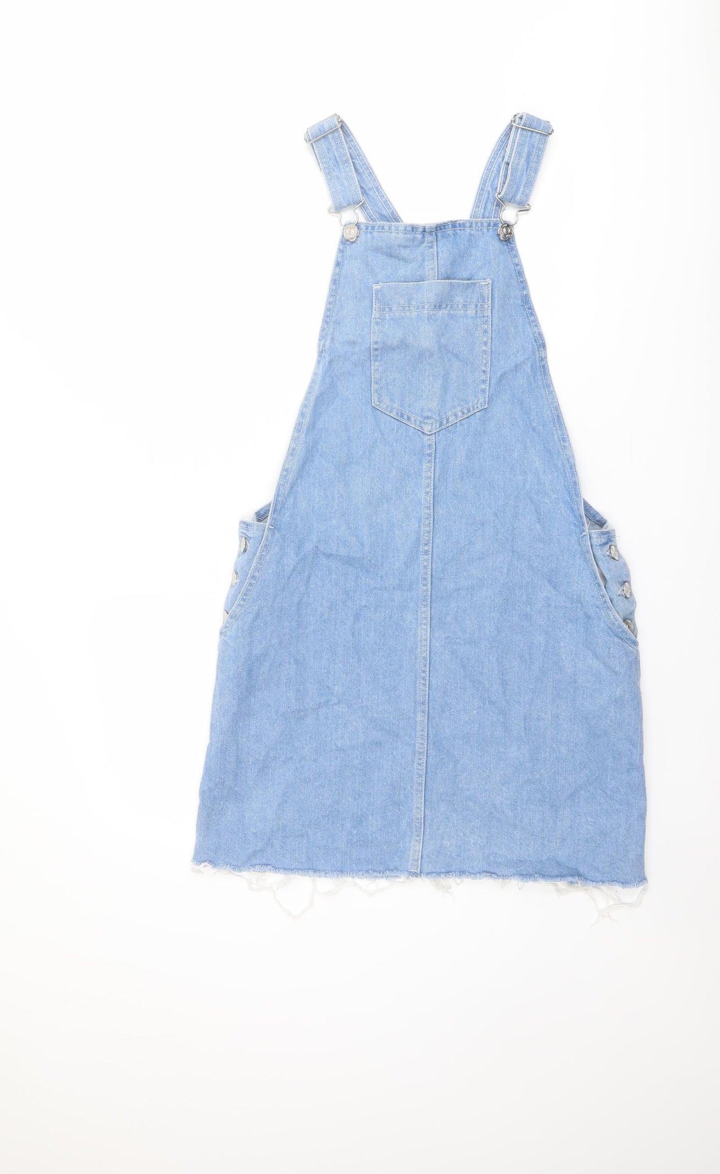 F&F Womens Blue Cotton Pinafore/Dungaree Dress Size 8 Square Neck Buckle - Raw Hem