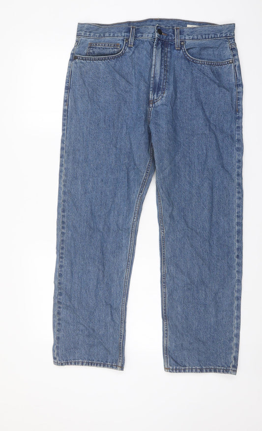 Marks and Spencer Mens Blue Cotton Straight Jeans Size 34 in L27 in Regular Button