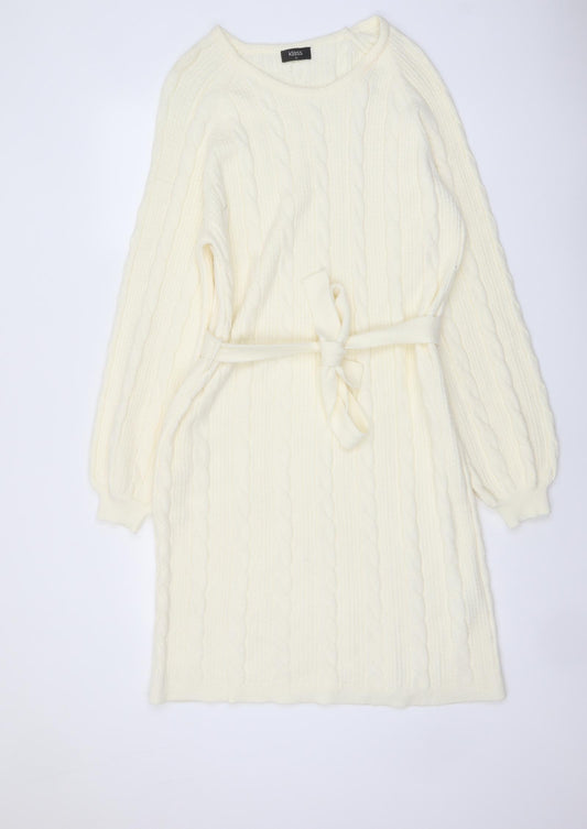 Klass Womens Ivory Striped Viscose Jumper Dress Size XL Round Neck Pullover - Ribbed, Belt Included