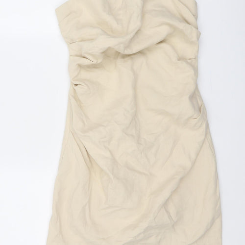 Zara Womens Beige Cotton Bodycon Size S Cowl Neck Zip