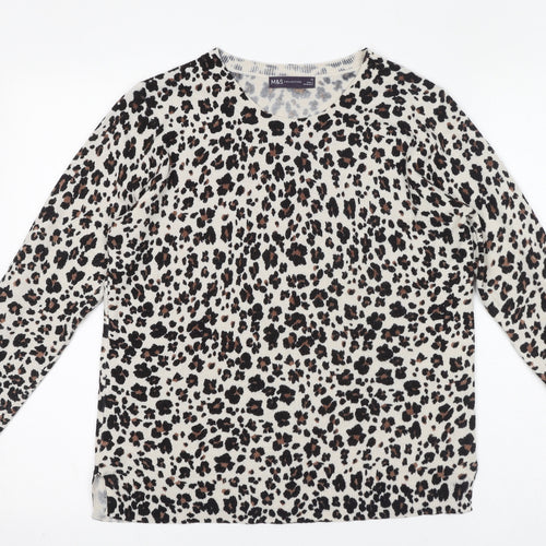 Marks and Spencer Womens Ivory Round Neck Animal Print Polyester Pullover Jumper Size 12 - Leopard pattern