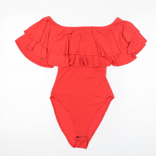 New Look Womens Red Polyester Bodysuit One-Piece Size 8 Button - Ruffle