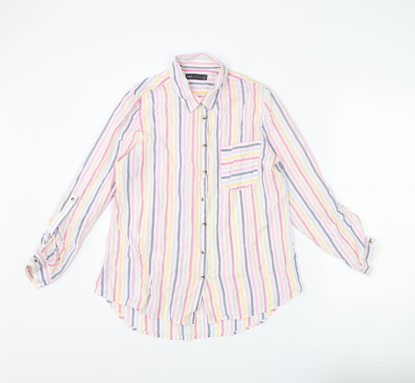 Marks and Spencer Womens Multicoloured Striped Cotton Basic Button-Up Size 14 Collared