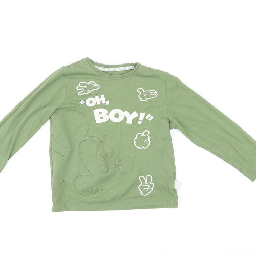 Disney Boys Green Cotton Basic T-Shirt Size 4-5 Years Crew Neck Pullover - Mickey Mouse Oh Boy!