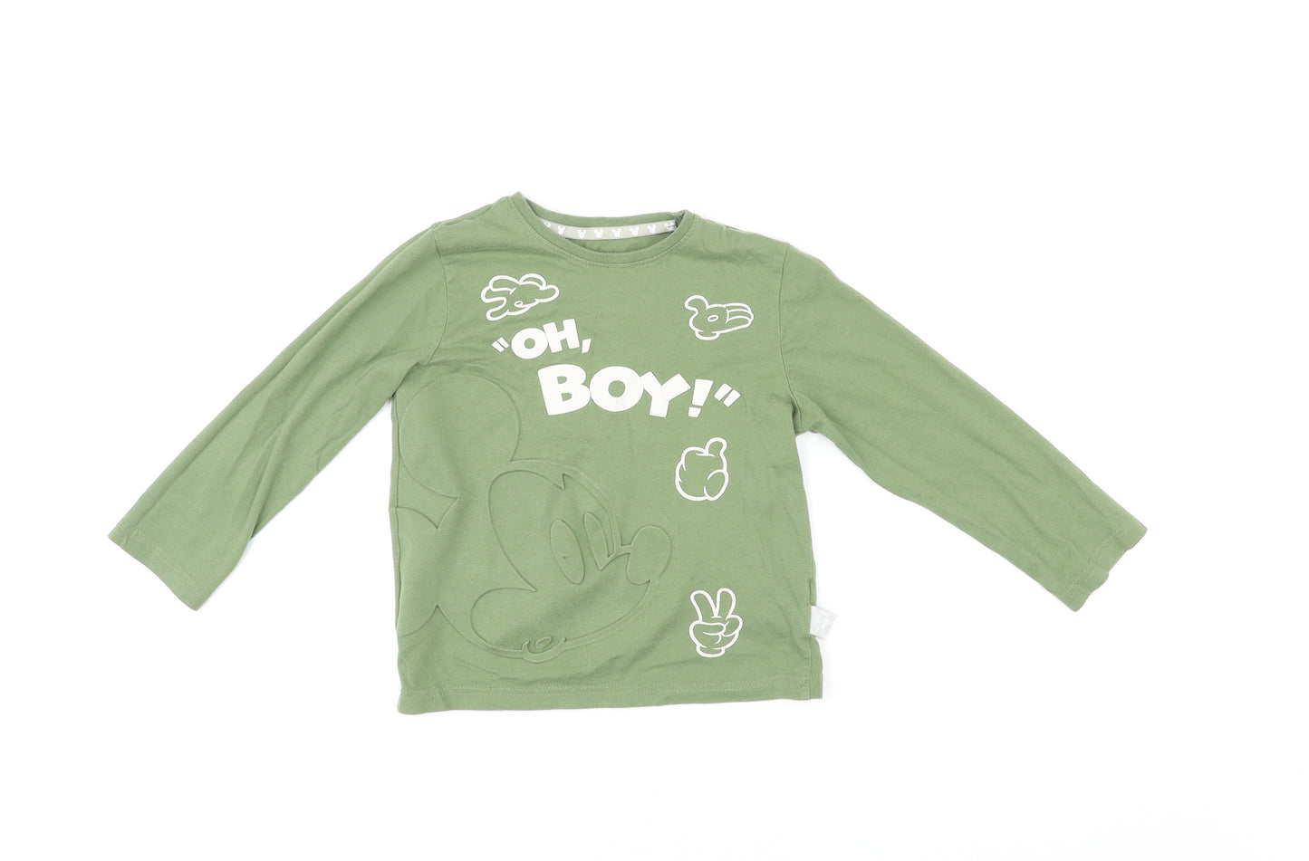 Disney Boys Green Cotton Basic T-Shirt Size 4-5 Years Crew Neck Pullover - Mickey Mouse Oh Boy!