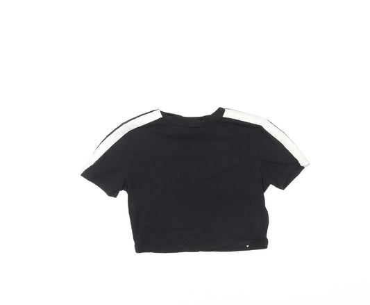 H&M Womens Black Cotton Cropped T-Shirt Size 8 Round Neck - White Shoulder Stripe