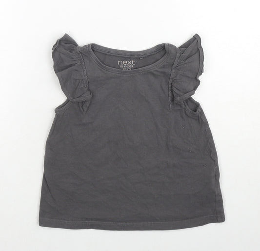 NEXT Girls Grey Cotton Basic T-Shirt Size 2-3 Years Round Neck Pullover - Ruffle Sleeve