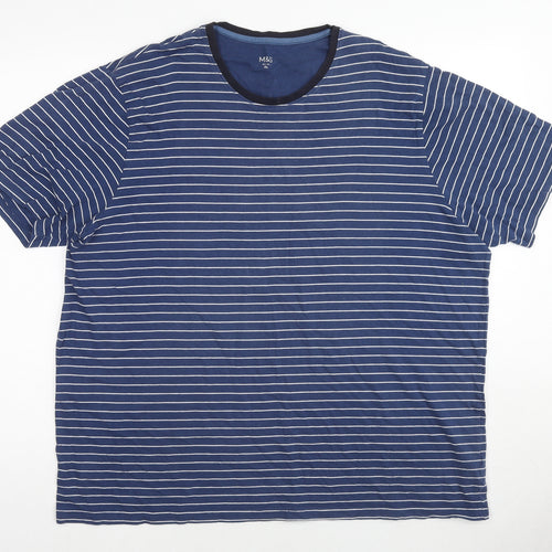 Marks and Spencer Mens Blue Striped Cotton T-Shirt Size XL Crew Neck