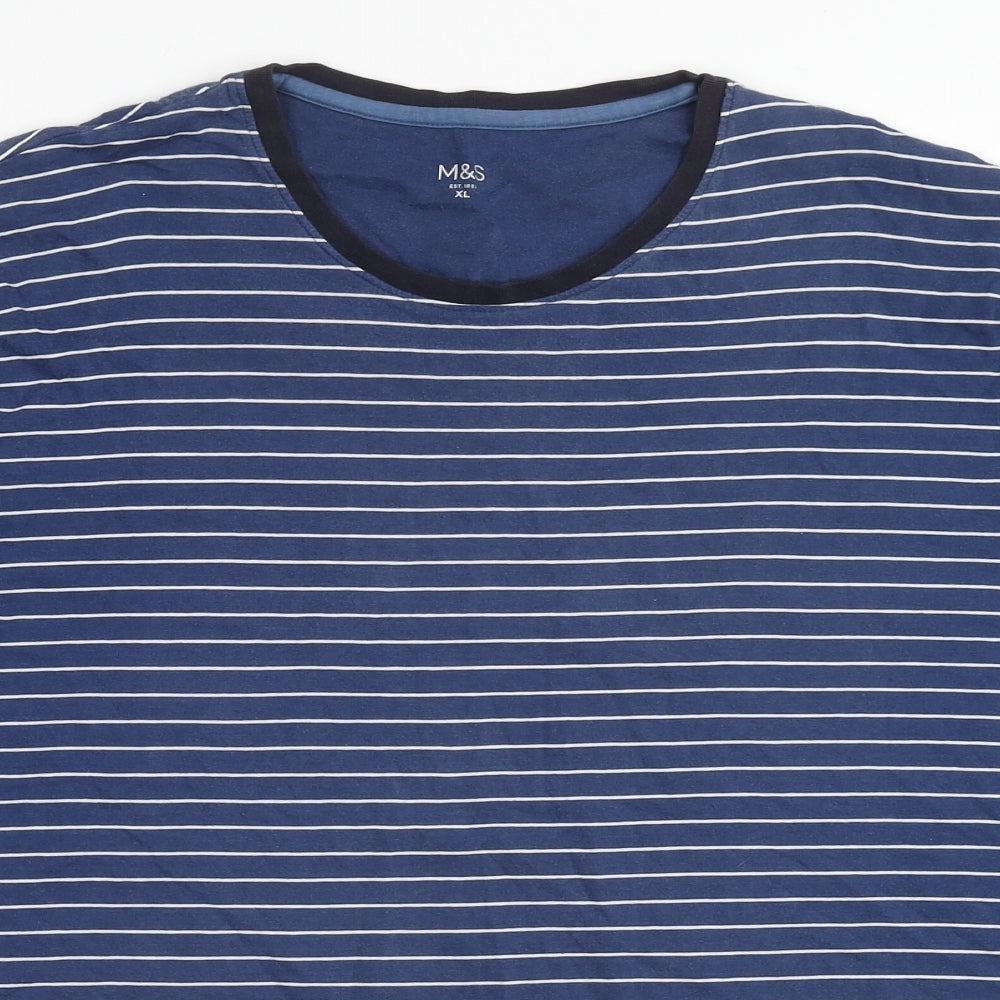 Marks and Spencer Mens Blue Striped Cotton T-Shirt Size XL Crew Neck