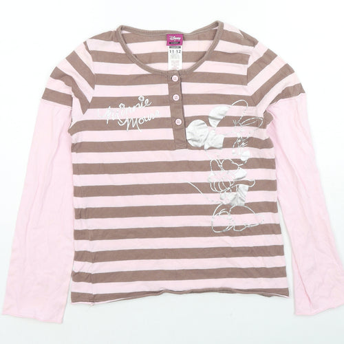 Disney Girls Multicoloured Striped Cotton Basic T-Shirt Size 11-12 Years Round Neck Pullover - Minnie Mouse