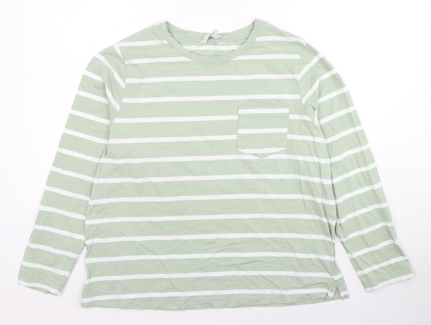 Marks and Spencer Womens Green Striped Cotton Basic T-Shirt Size 16 Round Neck