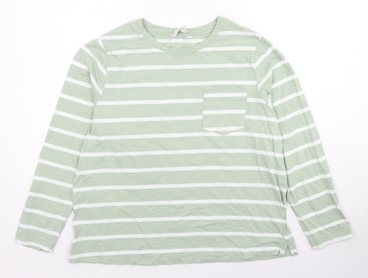 Marks and Spencer Womens Green Striped Cotton Basic T-Shirt Size 16 Round Neck