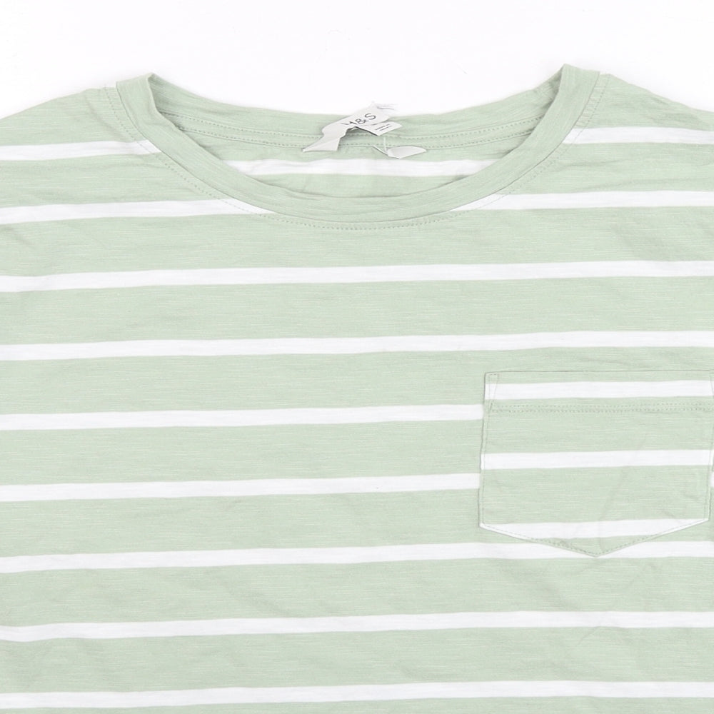 Marks and Spencer Womens Green Striped Cotton Basic T-Shirt Size 16 Round Neck