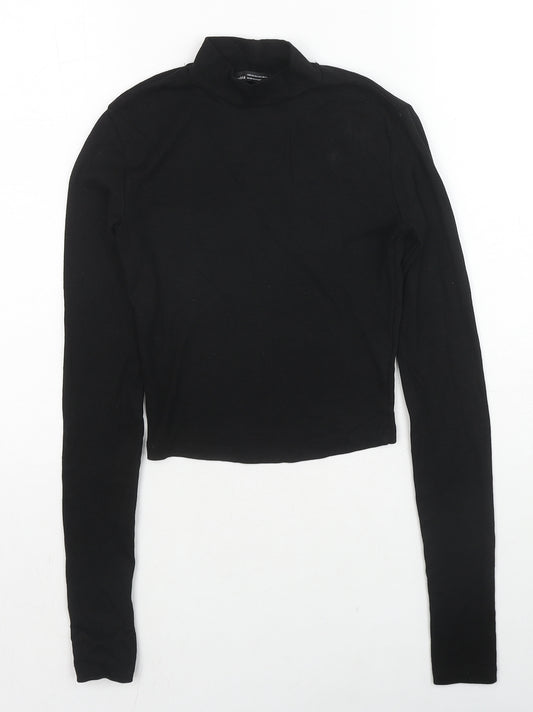 Bershka Womens Black Cotton Basic T-Shirt Size XS High Neck