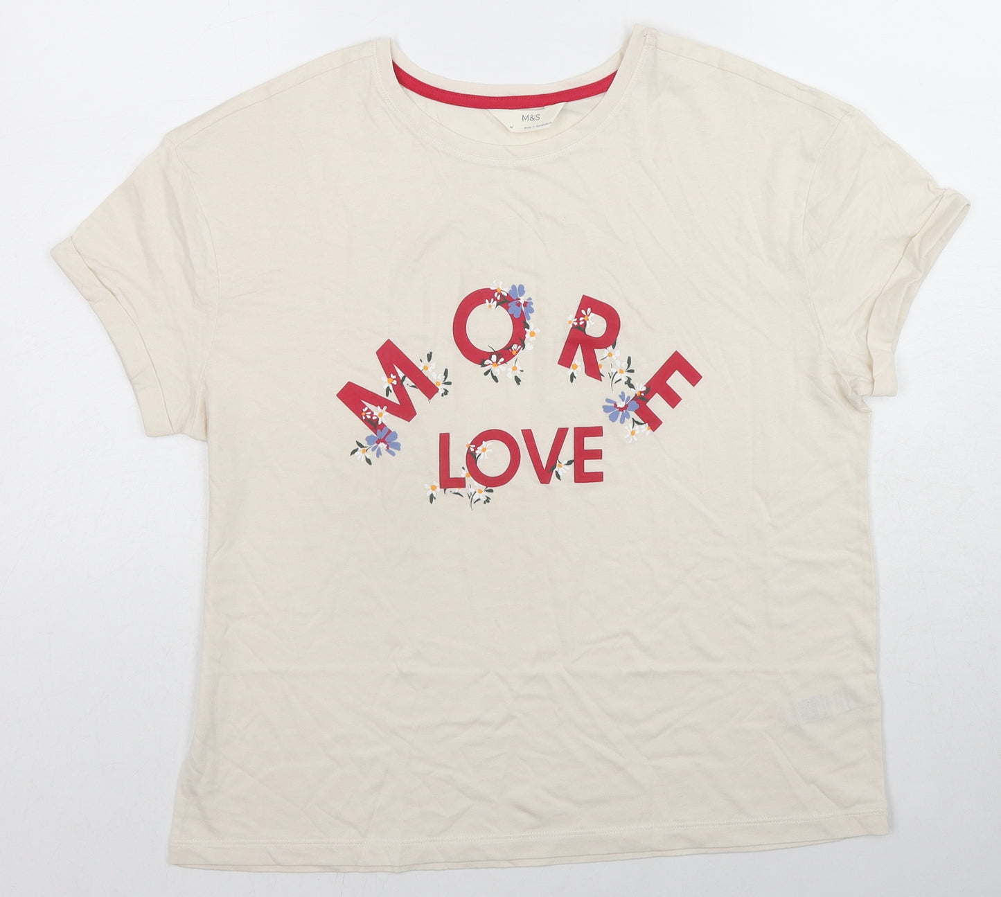 Marks and Spencer Womens Ivory Cotton Basic T-Shirt Size M Round Neck - More Love