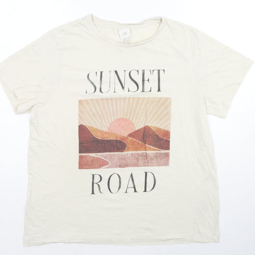 H&M Mens Ivory Cotton T-Shirt Size L Crew Neck - Sunset Road