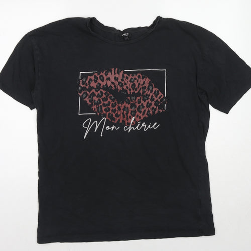Simply Be Womens Black Cotton Basic T-Shirt Size 16 Round Neck - Leopard Print, French Writing