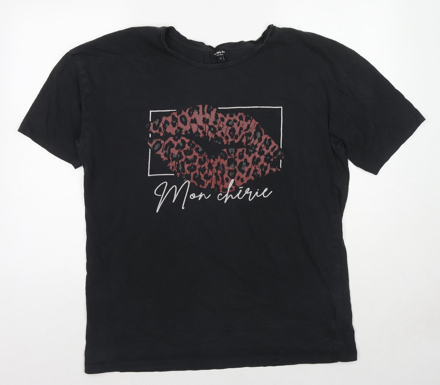 Simply Be Womens Black Cotton Basic T-Shirt Size 16 Round Neck - Leopard Print, French Writing