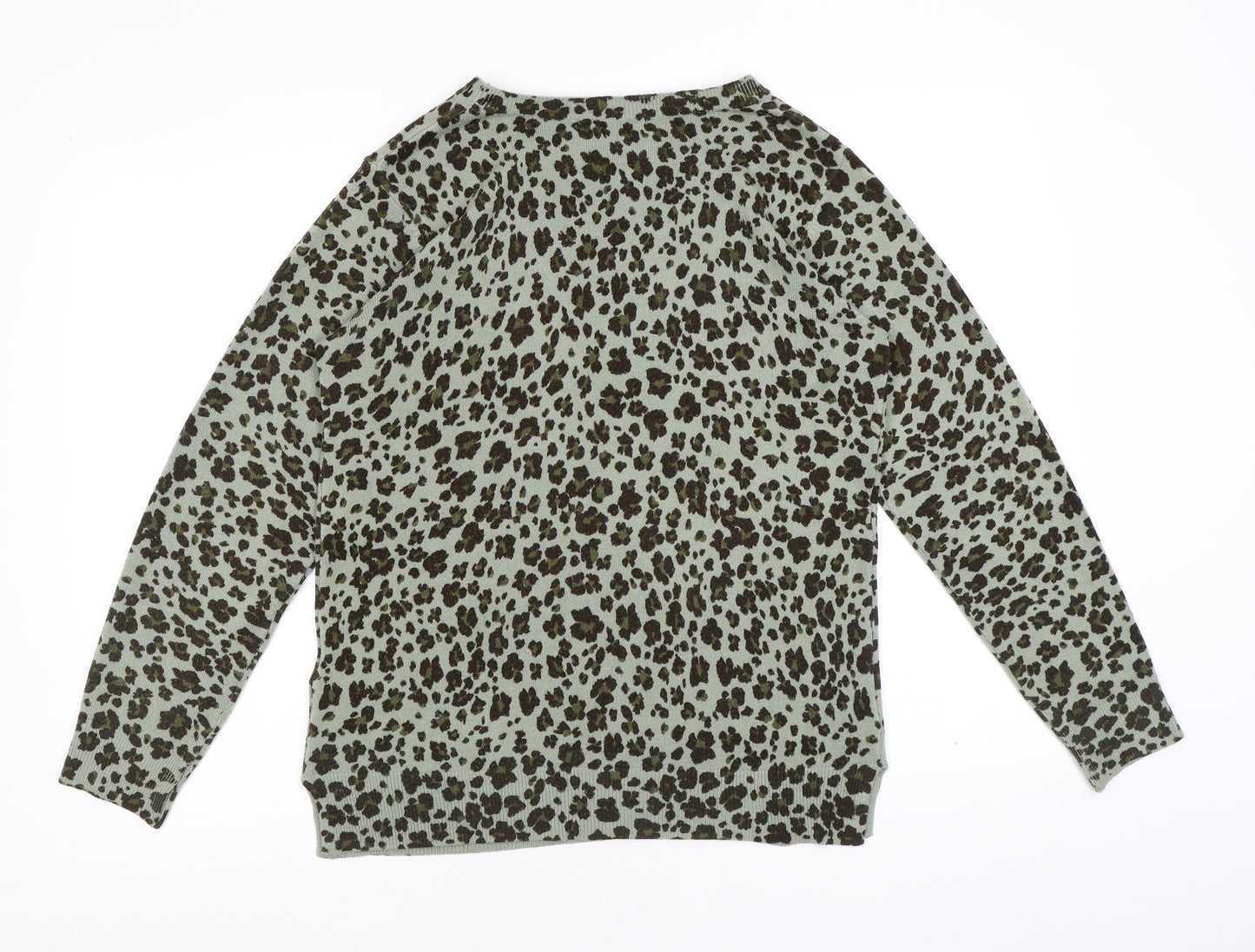 Marks and Spencer Womens Green Round Neck Animal Print Acrylic Pullover Jumper Size 12 - Leopard pattern