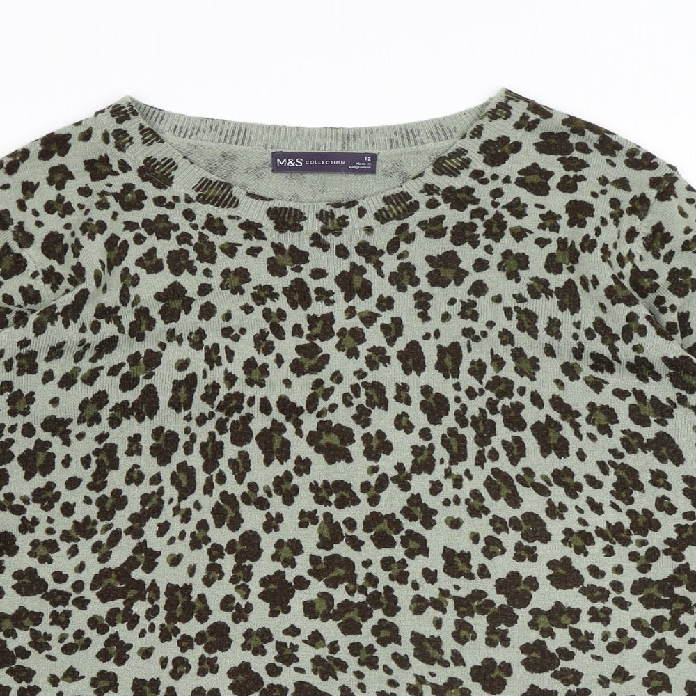 Marks and Spencer Womens Green Round Neck Animal Print Acrylic Pullover Jumper Size 12 - Leopard pattern