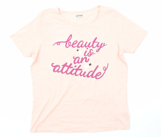 Avon Womens Pink Cotton Basic T-Shirt Size 12 Round Neck - Beauty Is An Attitude Size 12-14