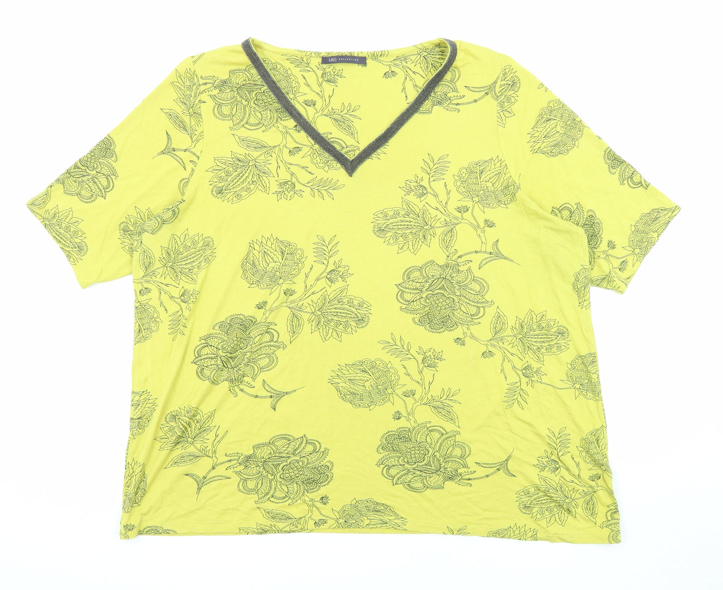 Marks and Spencer Womens Green Floral Viscose Basic T-Shirt Size 22 V-Neck