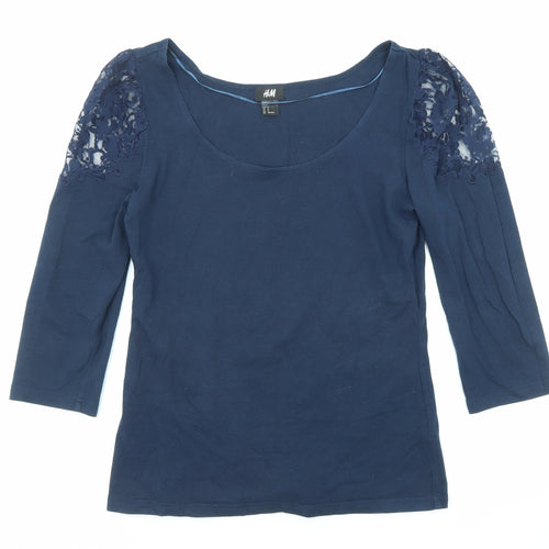 H&M Womens Blue Cotton Basic T-Shirt Size M Round Neck - Lace Shoulder Detail