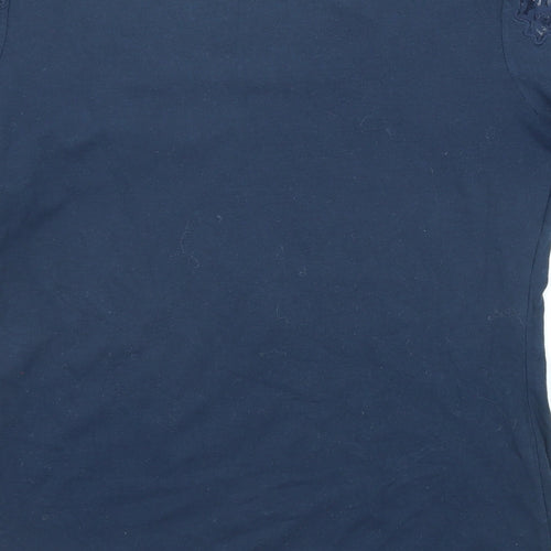 H&M Womens Blue Cotton Basic T-Shirt Size M Round Neck - Lace Shoulder Detail