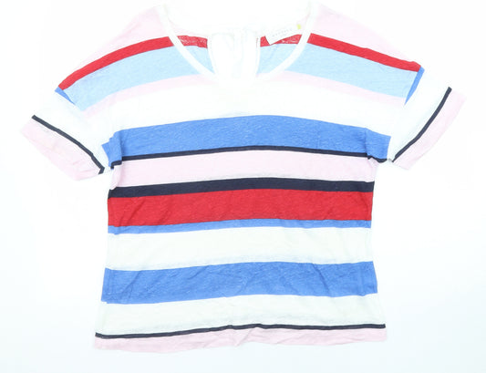 John Lewis Womens Multicoloured Striped Linen Basic T-Shirt Size 12 Round Neck