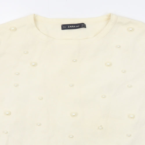 Zara Mens Beige Round Neck Viscose Pullover Jumper Size M Short Sleeve - Beaded Detail
