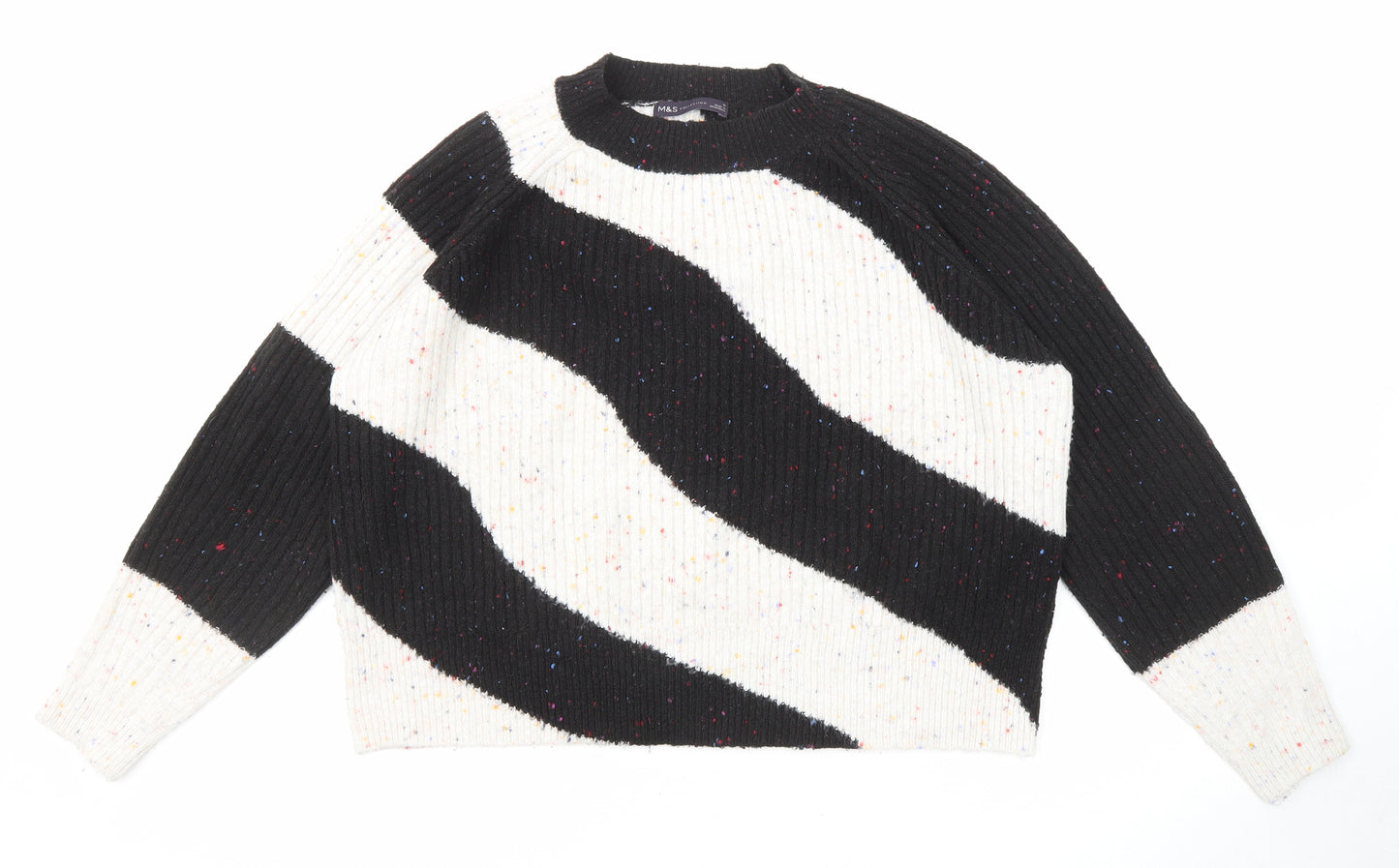 Marks and Spencer Womens Black Crew Neck Striped Acrylic Pullover Jumper Size M