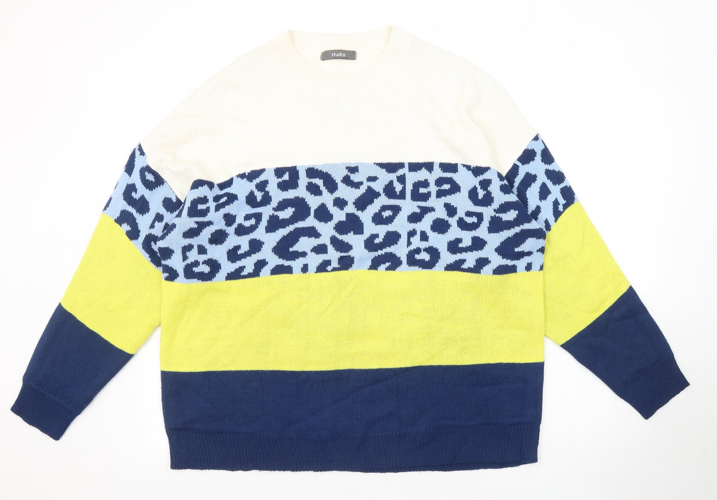 Studio Womens Multicoloured Crew Neck Striped Acrylic Pullover Jumper Size 20 - Leopard Print