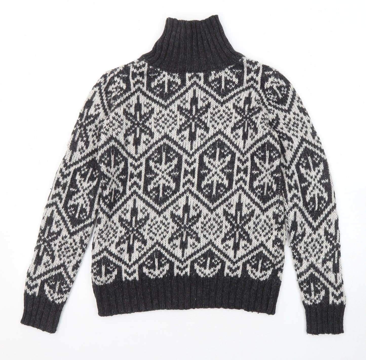 H&M Womens Black High Neck Fair Isle Wool Pullover Jumper Size XS