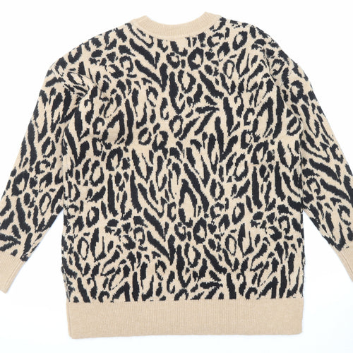New Look Womens Beige Crew Neck Animal Print Acrylic Pullover Jumper Size S - Leopard Print
