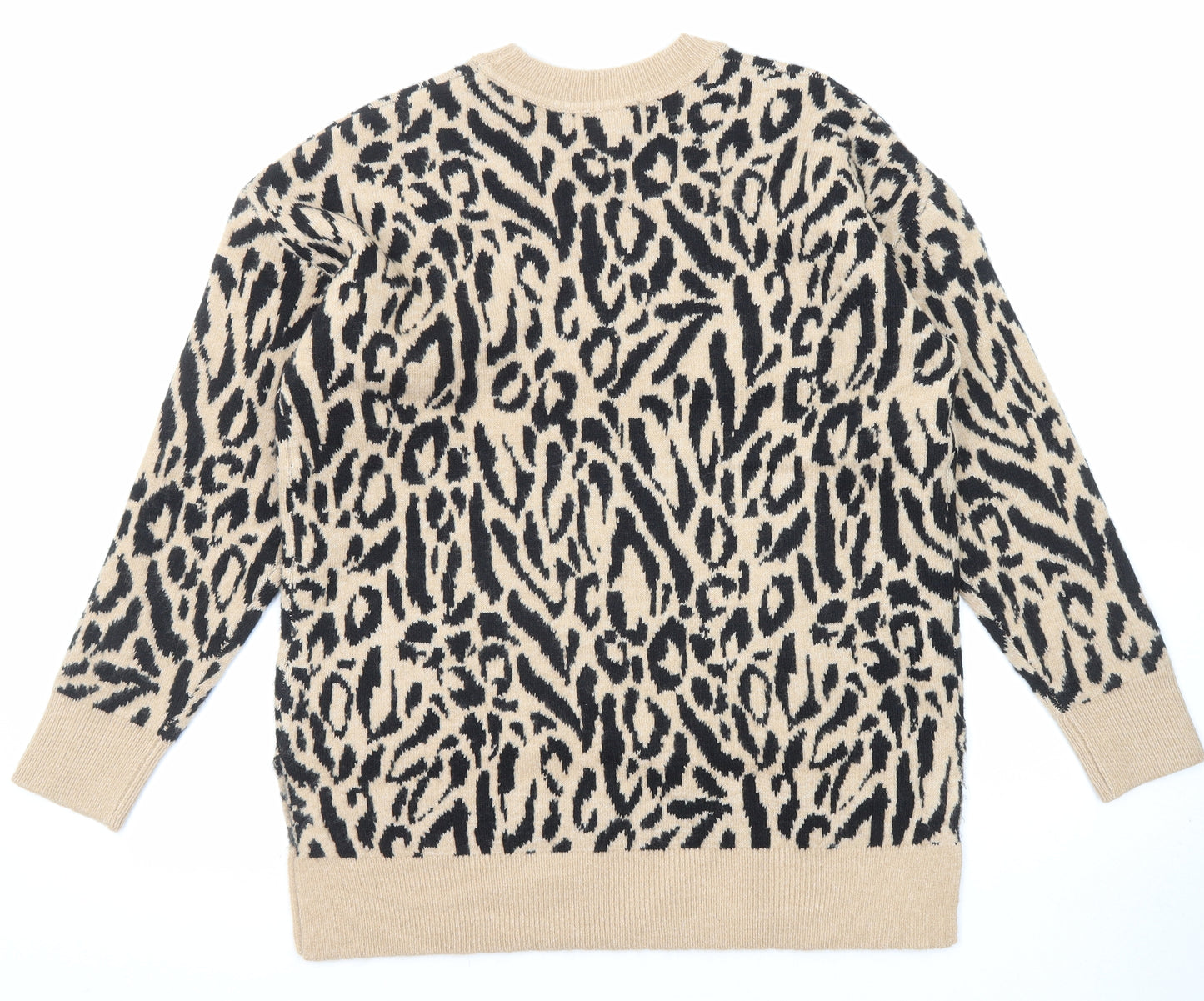 New Look Womens Beige Crew Neck Animal Print Acrylic Pullover Jumper Size S - Leopard Print