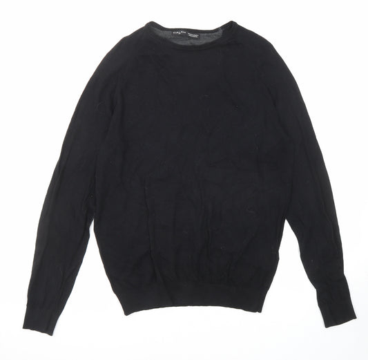 Zara Mens Black Round Neck Cotton Pullover Jumper Size M Long Sleeve - Elbow Patches