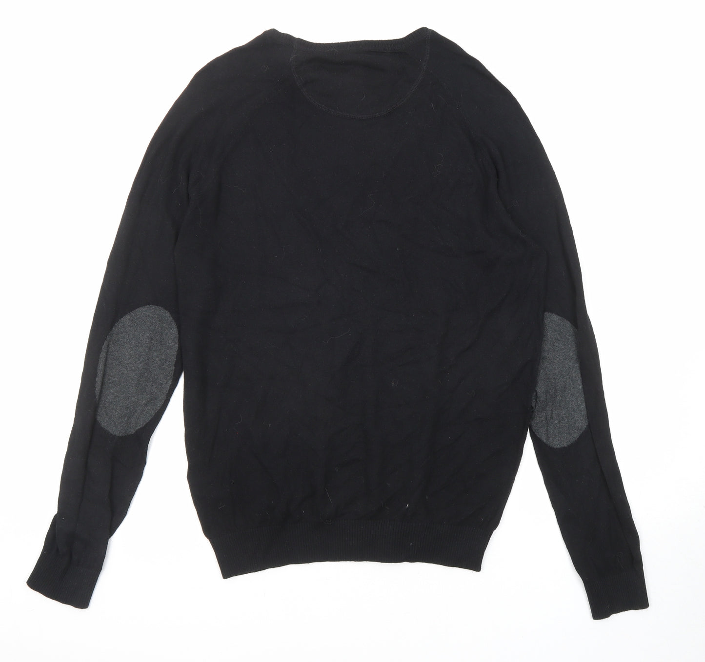 Zara Mens Black Round Neck Cotton Pullover Jumper Size M Long Sleeve - Elbow Patches