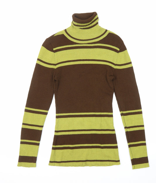 Star Faces Womens Brown Roll Neck Striped Acrylic Pullover Jumper Size 8