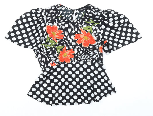 PRETTYLITTLETHING Womens Black Polka Dot Polyester Basic Blouse Size 10 Round Neck - Flower Detail
