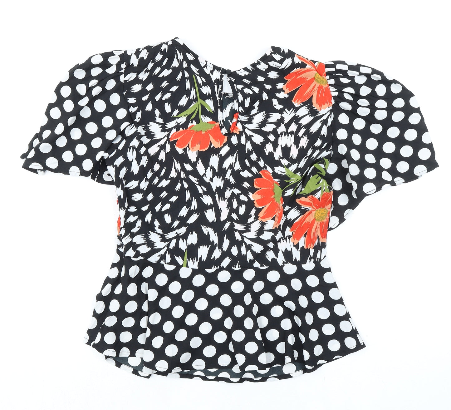 PRETTYLITTLETHING Womens Black Polka Dot Polyester Basic Blouse Size 10 Round Neck - Flower Detail