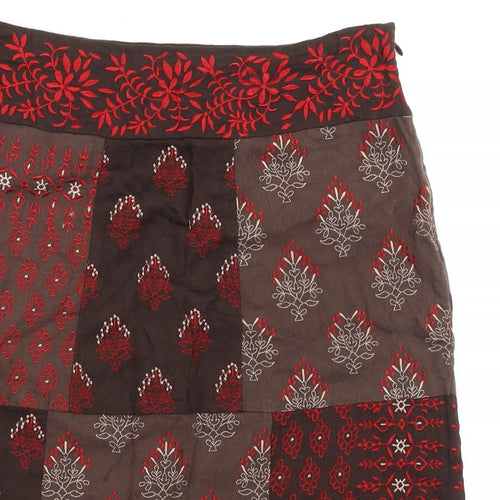 Monsoon Womens Brown Geometric Cotton A-Line Skirt Size 12 Zip